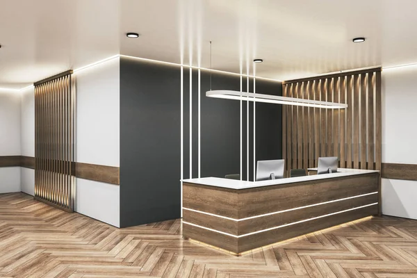 Luxury office lobby with wooden reception desk and two computersl. Workplace and corporate concept. 3D Rendering