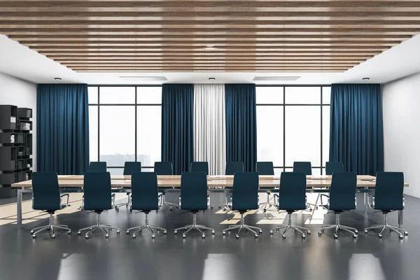 Luxury conference room with long meeting table and city view. Workplace and corporate concept. 3D Rendering