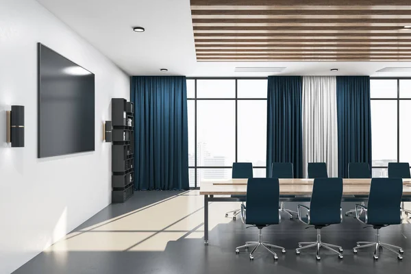 Contemporary conference room interior with blank tv screen. Workplace and corporate concept. 3D Rendering