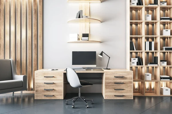 Modern Loft Style Wooden Office Bookcase Computer Table Workplace Company — Stock Photo, Image