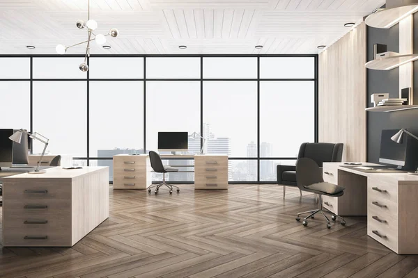 Komfortables Büro Mit Bücherregal Computern Auf Holztisch Und Blick Auf — Stockfoto