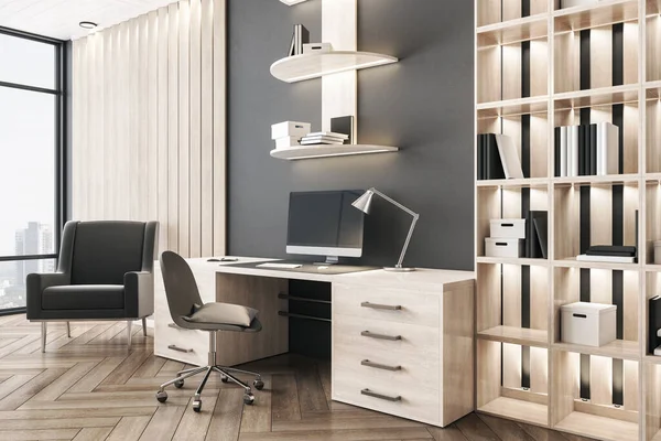 책가방과 컴퓨터가 현대식 사무실 직장과 컨셉이야 렌더링 — 스톡 사진