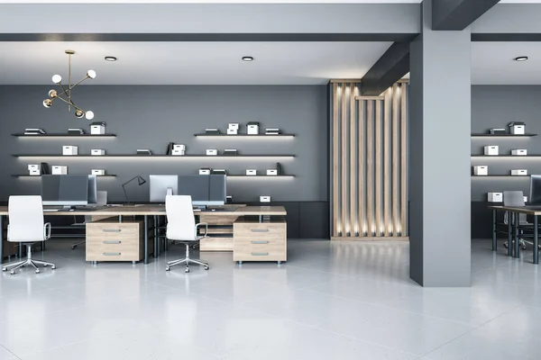 Luxury office interior with computers on wooden table and shelf with box. Workplace and company concept. 3D Rendering