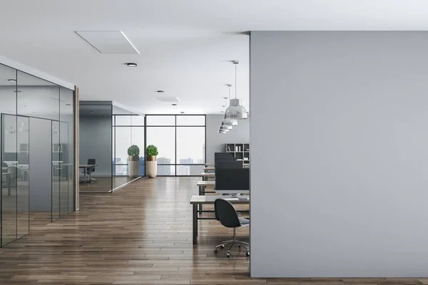 Hall Intérieur Bureau Moderne Avec Des Ordinateurs Sur Table Mur — Photo