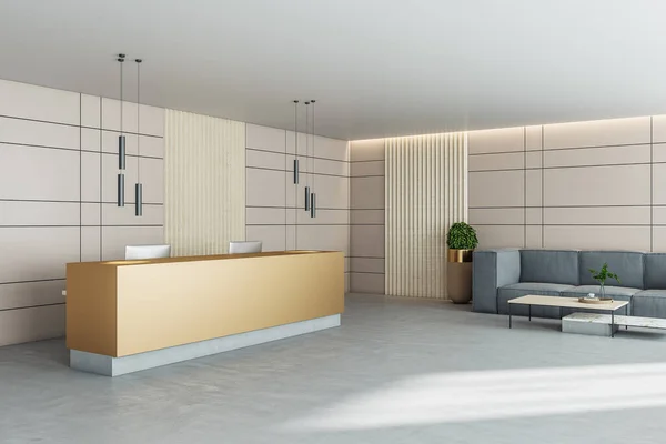 Luxe Kantoorhal Met Gele Receptie Grijze Bank Lifestyle Werkplek Concept — Stockfoto