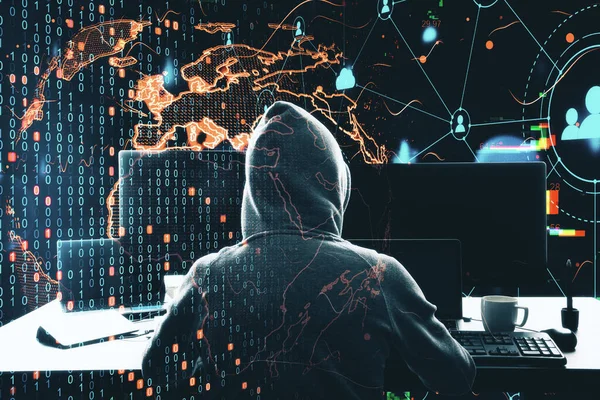 使用计算机与黑客一起进行网络攻击 牢房中的地球和数字安全图标 加倍暴露 — 图库照片