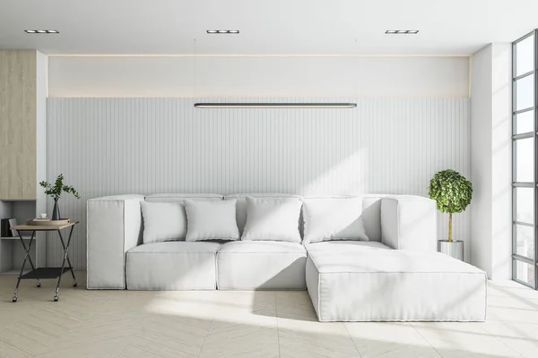Hedendaagse Woonkamer Met Witte Bank Salontafel Appartement Lifestyle Concept Weergave — Stockfoto
