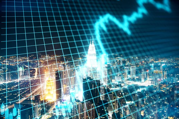 Growing stock chart with digital grid on night city background. Trade and investment concept. Multiexposure