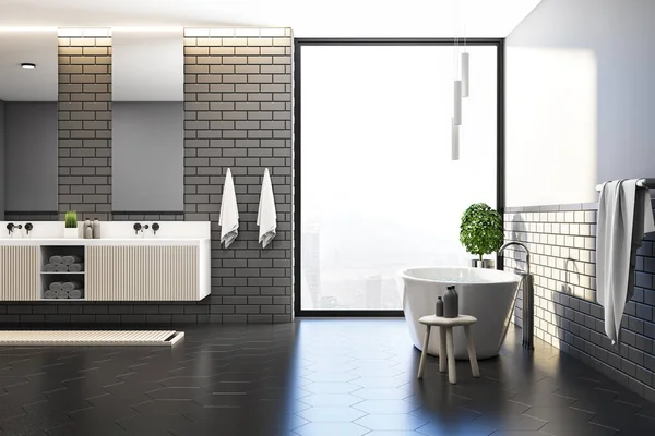 バスルーム 2つのミラーとシンクと都市の景色とレンガ造りのバスルームのインテリア デザイン アパート ホテルのコンセプト 3Dレンダリング — ストック写真