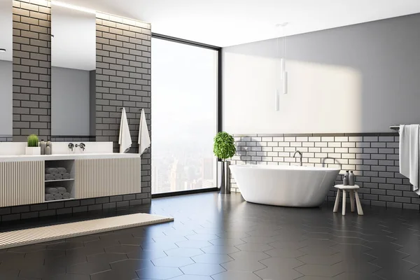 Lüks Banyo Beyaz Banyo Ayna Şehir Manzaralı Tasarım Daire Otel — Stok fotoğraf