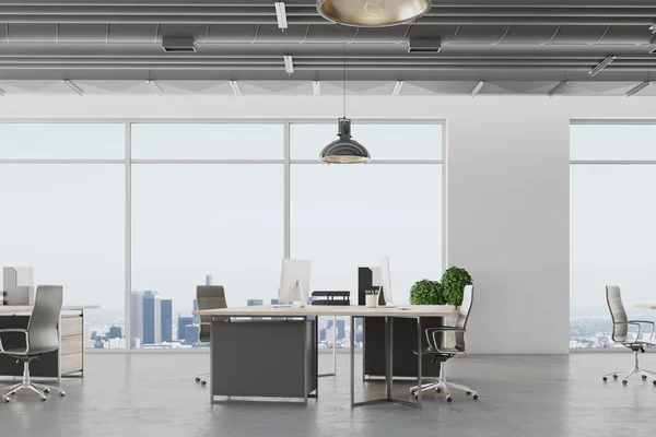 Office in loft style with panoramic city view and many computers on table. Workplace and company concept. 3D Rendering