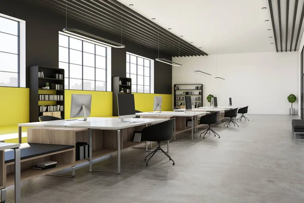 Contemporary loft office room with city view and computers on table. Workplace and company concept. 3D Rendering