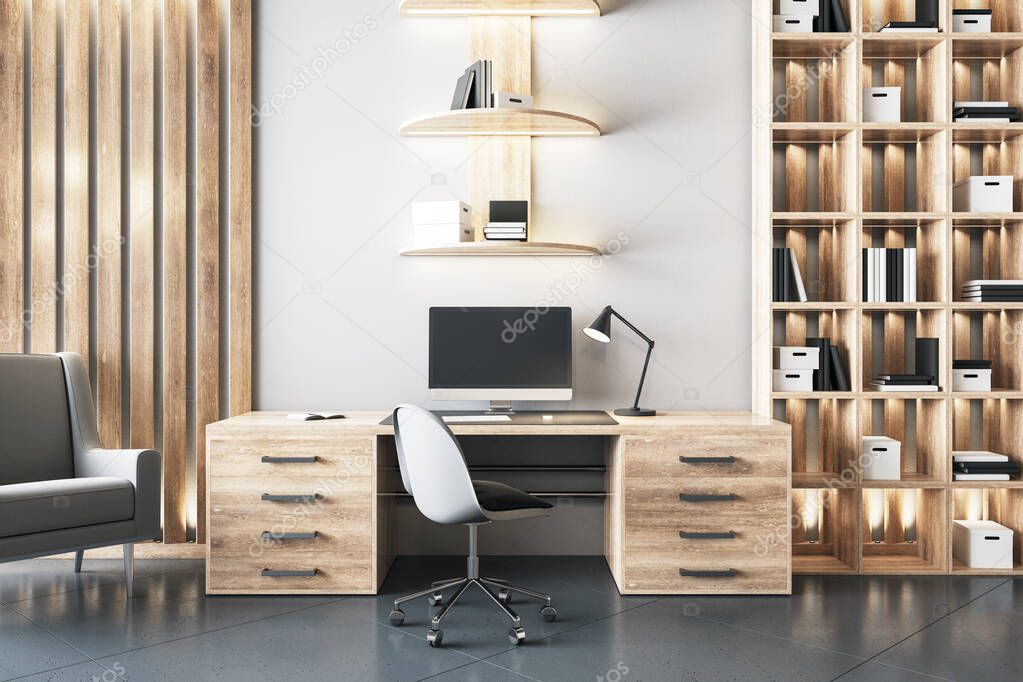 Modern loft style wooden office with bookcase and computer on table. Workplace and company concept. 3D Rendering