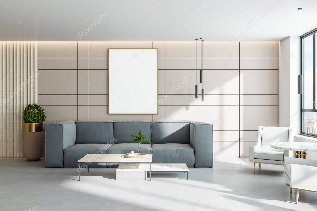 Comfortable living room with gray couch and blank billboard on wall. Workplace and lifestyle concept. 3D Rendering