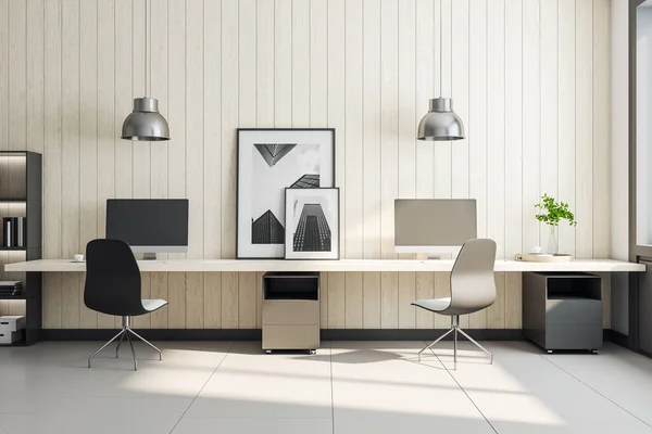 2つの空白のコンピュータ画面と長いテーブルの上の写真とモダンなオフィスのインテリア ビジネスとデジタル教育の概念 3Dレンダリング — ストック写真