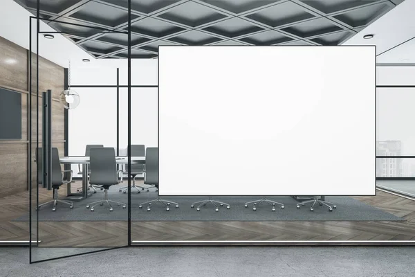 当代会议室 有会议桌 墙上有空白横幅 工作场所和表述概念 3D渲染 — 图库照片