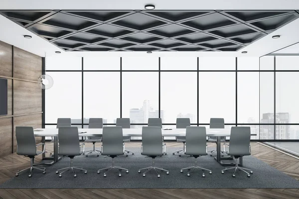 Contemporary Conference Room Blank Screen Wooden Wal Large Meeting Table — Stock Photo, Image