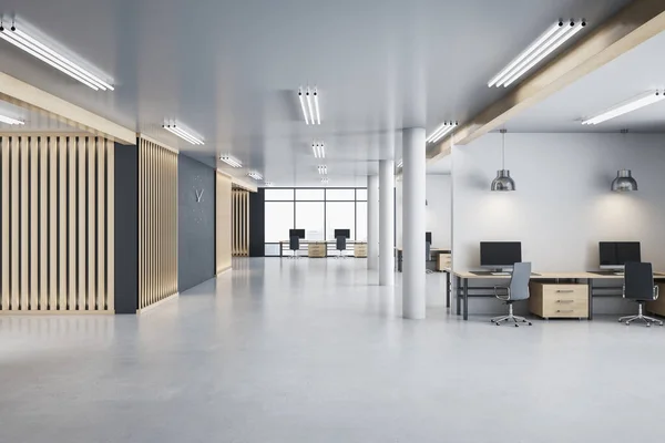 Luxury office hall with city view, computers on wooden table and decorative columns. Workplace and company concept. 3D Rendering