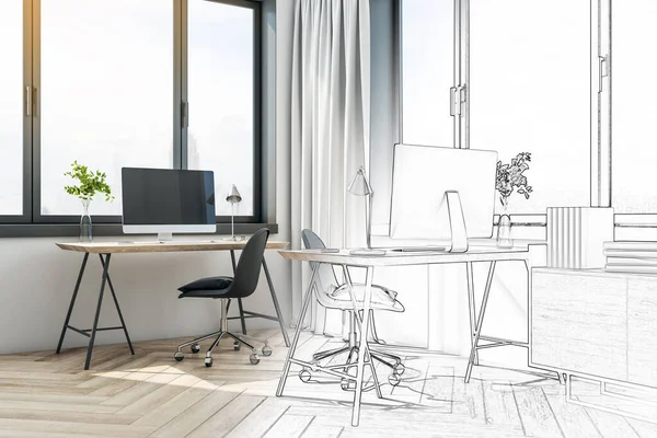 Drawing office room with city view and daylight, two computer monitor, coffee cup and supplies on desktop. 3D Rendering