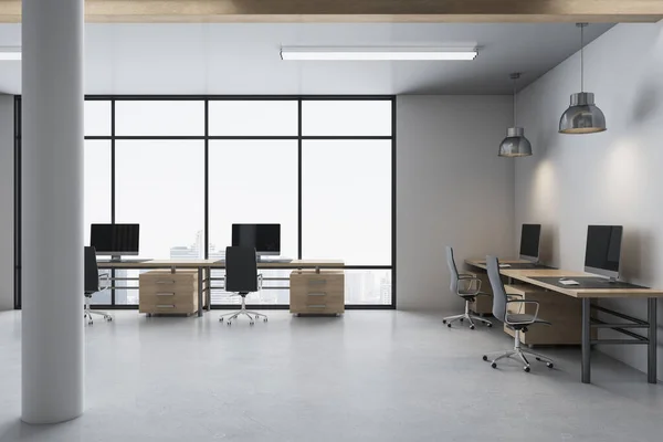 Minimalistic Office Workspace Computers Panoramic City Views Workplace Company Concept — Stock Photo, Image