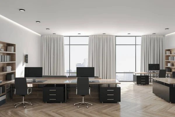 長いテーブルの上の本棚やコンピュータと現代の同僚のオフィス 職場と会社のコンセプト 3Dレンダリング — ストック写真