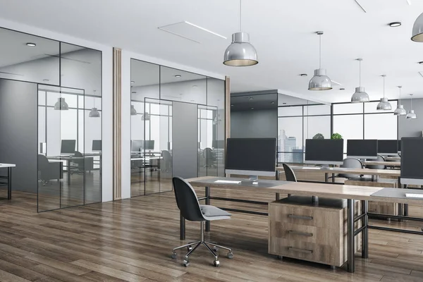 Interiorul Biroului Modern Design Fără Oameni Mese Lungi Din Lemn — Fotografie, imagine de stoc