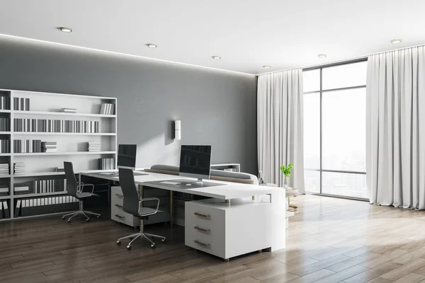 Modern top manager\'s workplace with computer on table, shelves with documents. Workplace and corporate concept. 3D Rendering