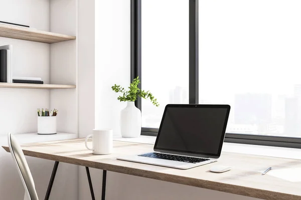 Moderna Oficina Casa Portátil Con Pantalla Vacía Negro Lugar Trabajo —  Fotos de Stock