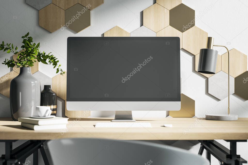Modern office workplace with computer, supplies and coffee cup on desktop. Workplace and corporate concept. 3D Rendering