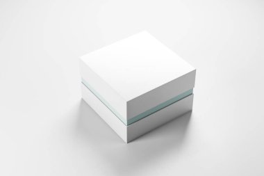 Mavi çizgili boş beyaz kutu. Reklam ve perakende konsepti. Modifiye et, 3B Hazırlama