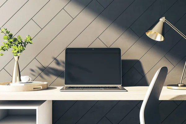 Primer Plano Pantalla Del Cuaderno Negro Blanco Escritorio Del Diseñador —  Fotos de Stock