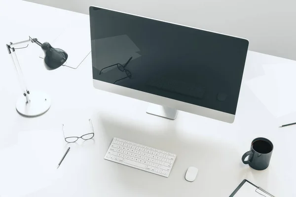 Minimalistic Designer Επιφάνεια Εργασίας Άδεια Μαύρη Οθόνη Υπολογιστή Χώρος Εργασίας — Φωτογραφία Αρχείου
