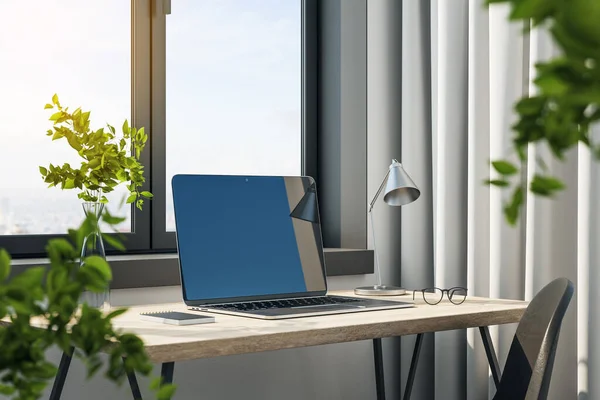 Empty Laptop Computer Screen Wooden Table Technology Communication Programming Concept — Stock Photo, Image