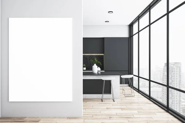 Moderne Keuken Studio Interor Met Uitzicht Stad Blanco Banner Muur — Stockfoto