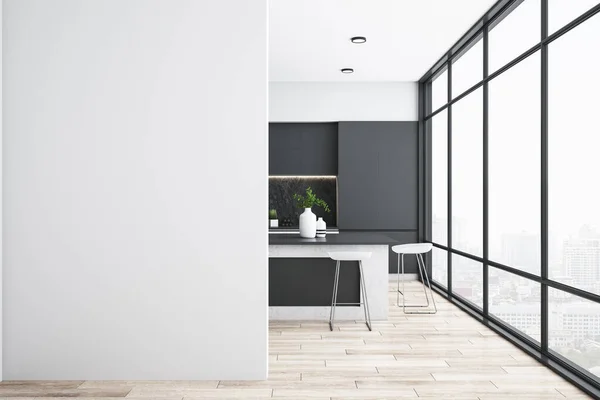 Cozinha Limpa Estúdio Interior Com Vista Para Cidade Conceito Comida — Fotografia de Stock