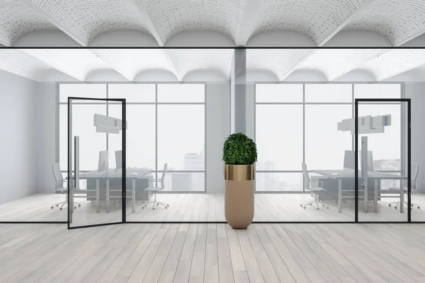 Büroeinrichtung Mit Möbeln Pflanze Topf Und Stadtpanorama Arbeitsplatz Und Unternehmenskonzept — Stockfoto