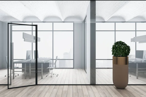 Modern office interior with furniture, plant in pot and city view. Workplace and company concept. 3D Rendering