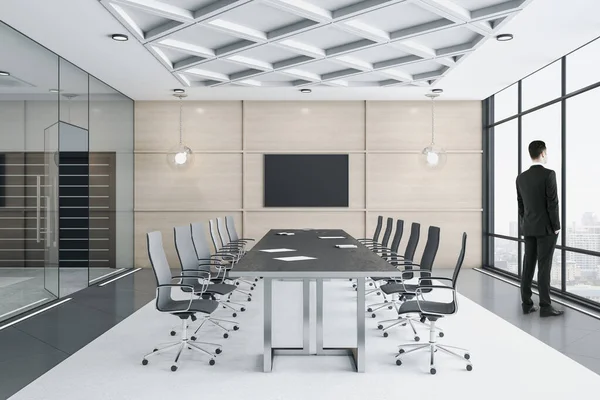 Empresário Sala Conferências Luxo Com Mesa Reunião Longa Vista Panorâmica — Fotografia de Stock