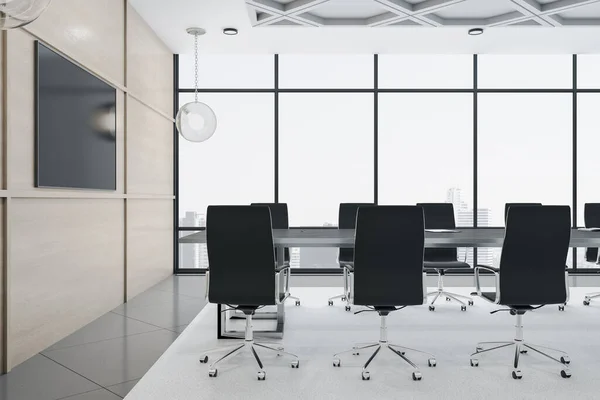 Toplantı Masası Boş Ekranı Şehir Manzaralı Minimalist Konferans Odası Yeri — Stok fotoğraf
