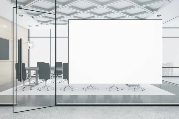 Conference room with meeting table, blank tv screen and  and blank poster.  Workplace and corporate concept. 3D Rendering