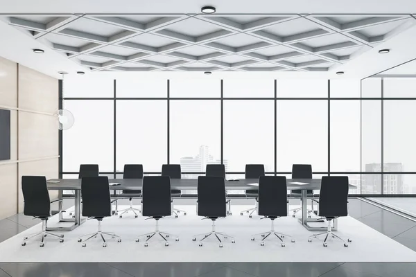 Luxury Conference Room Long Meeting Table Panoramic City View Workplace — Stock Photo, Image