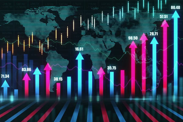 ローソク足チャートと矢印ホログラムとデジタル世界地図 ビジネスと貿易の概念 3Dレンダリング — ストック写真
