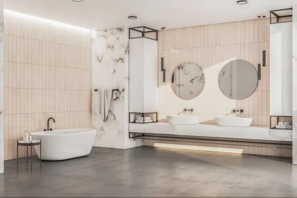 Luksusowe Marmurowe Wnętrze Łazienki Wanną Dwoma Umywalkami Czystość Higiena Koncepcji — Zdjęcie stockowe