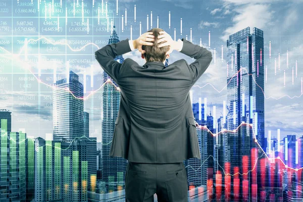 Shocked Businessman Looking Decreasing Graph City Background Trade Investment Concept — Stock Photo, Image