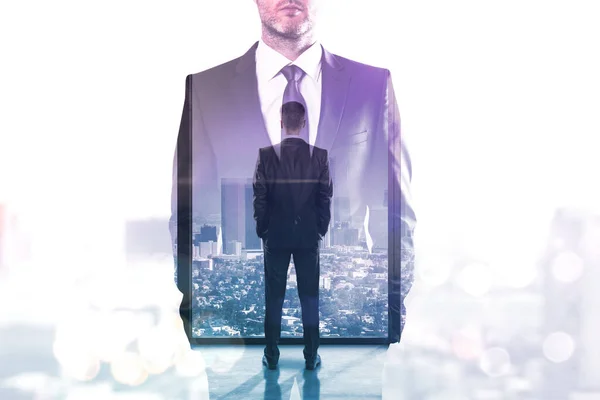 Double Exposure Two Businessman Standing Office Teamwork Communication Concept — Stock Photo, Image