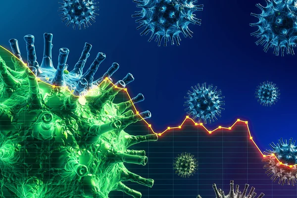 仮想スクリーン上のコロナウイルス細胞と株のチャート コロナウイルスのヘルス危機の概念 3Dレンダリング — ストック写真