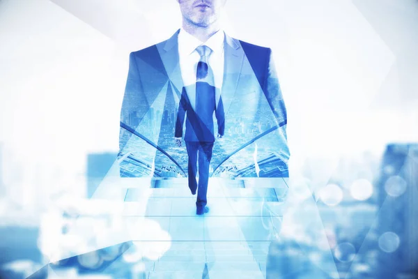 Double Exposure Two Businessman Standing Office Walking Ladder Skyscraper Background — Stock Photo, Image