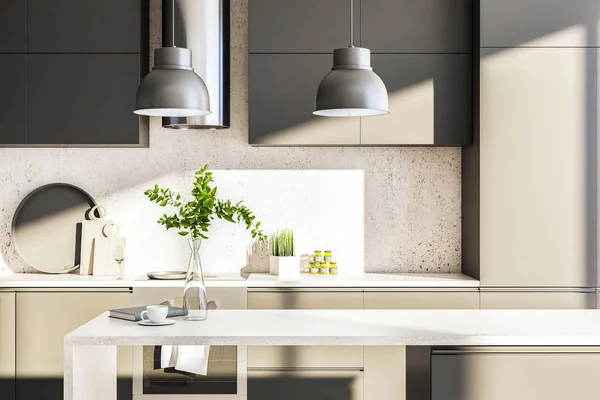 Interior Cocina Minimalista Con Mesa Comedor Madera Muebles Concepto Diseño — Foto de Stock