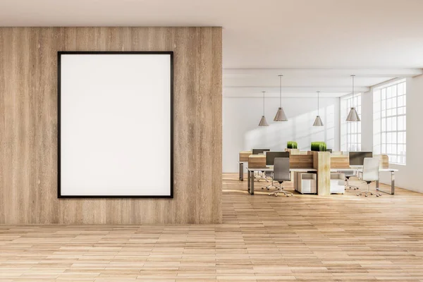 家具や機器上の空白の垂直バナーとモダンなオフィス 職場と会社のコンセプト 3Dレンダリング — ストック写真