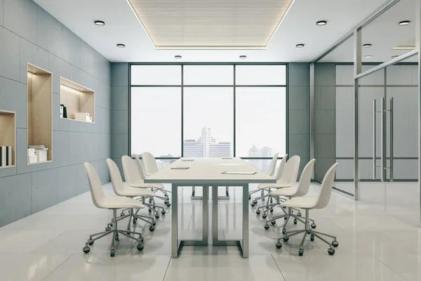 Luxury conference room with long meeting table, chairs and city view. Workplace and corporate concept. 3D Rendering